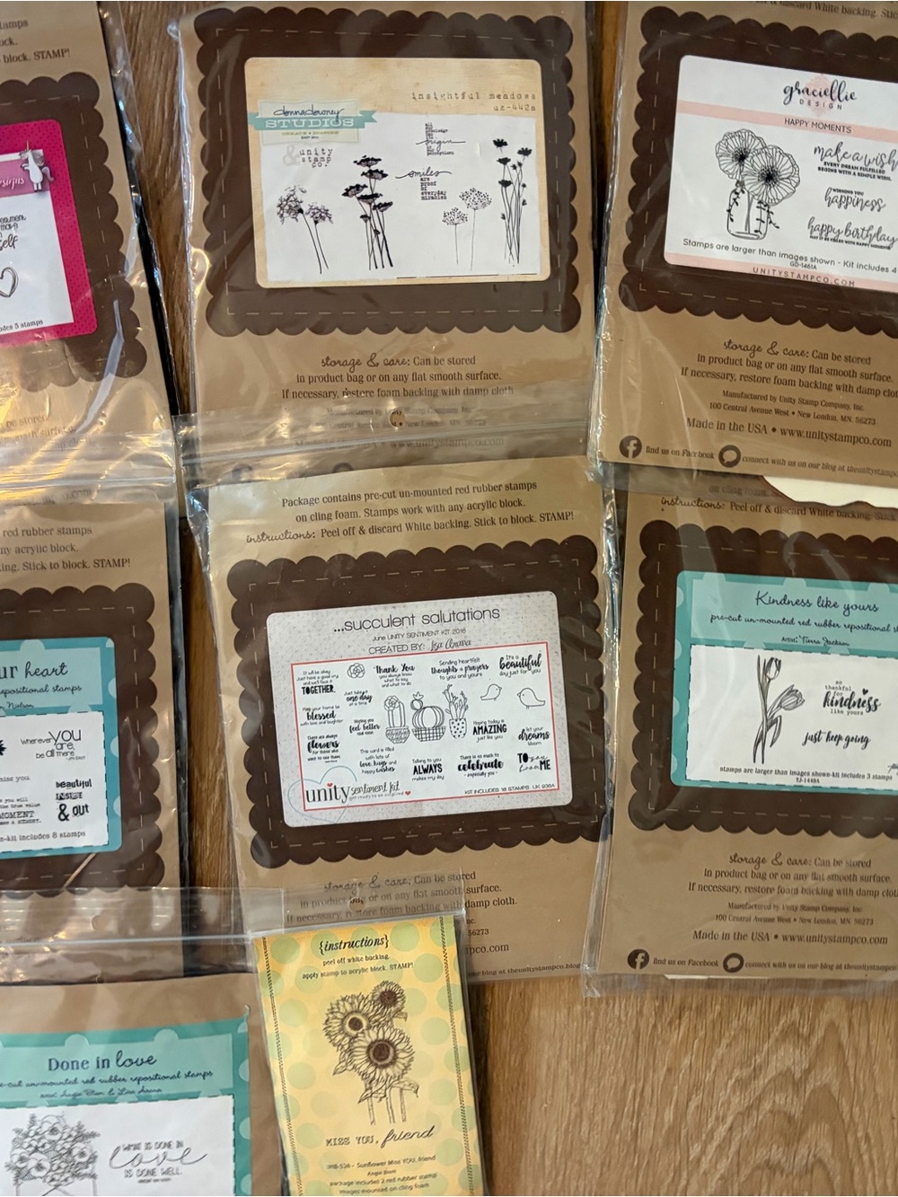 Unity Stamp Co. Floral & Sentiment Rubber Stamp Sets - Brown Kraft Packaging